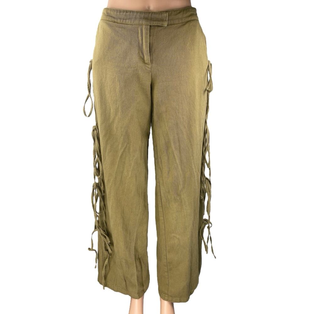 PLT Label Women's Green Mid Rise Side Tie Wide Leg Baggy Trousers Pants Size 4